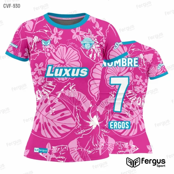 Camisetas de Voley fuscia ribetes celestes